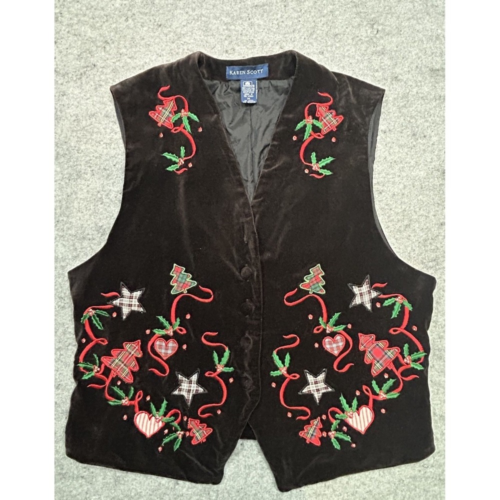Karen Scott Winter Holiday Christmas Ugly Women's Size M Black Velvet Vest
